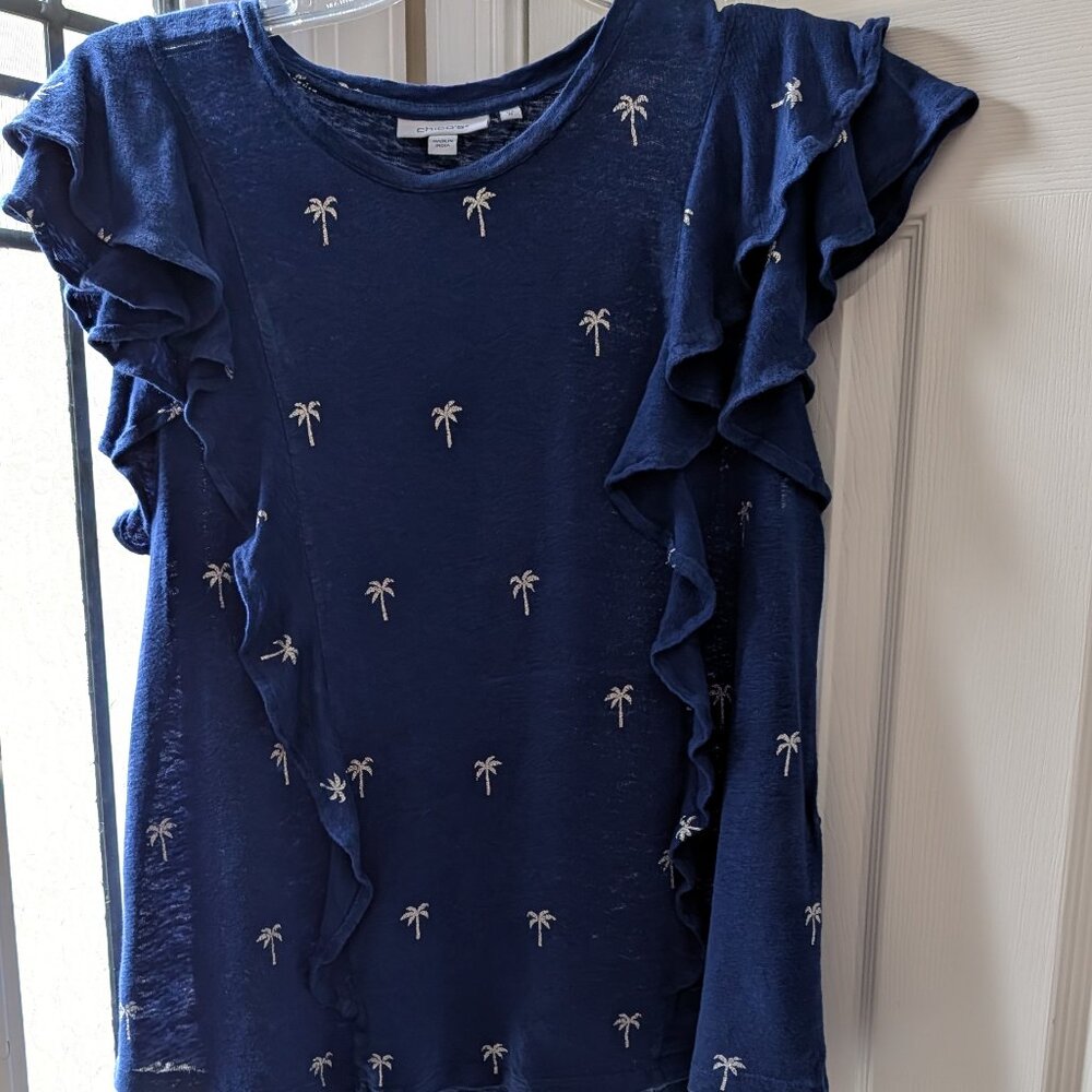 Escape to Coastal Luxury: Foiled Palm Flutter-Sleeve Linen Tee Barely Worn <3